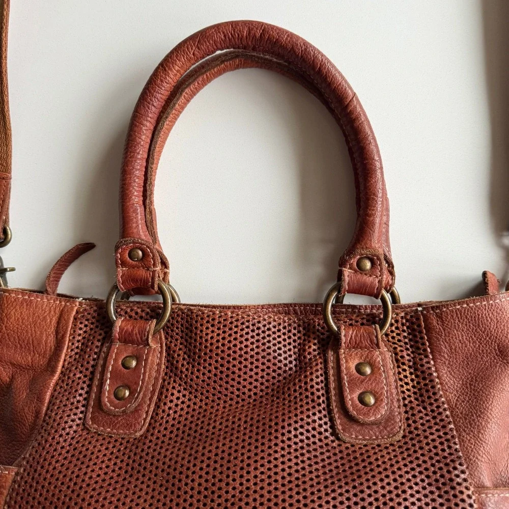 Amsterdam Heritage Caramel Leather Perforated Studded Top‎ Handle Shoulder Bag